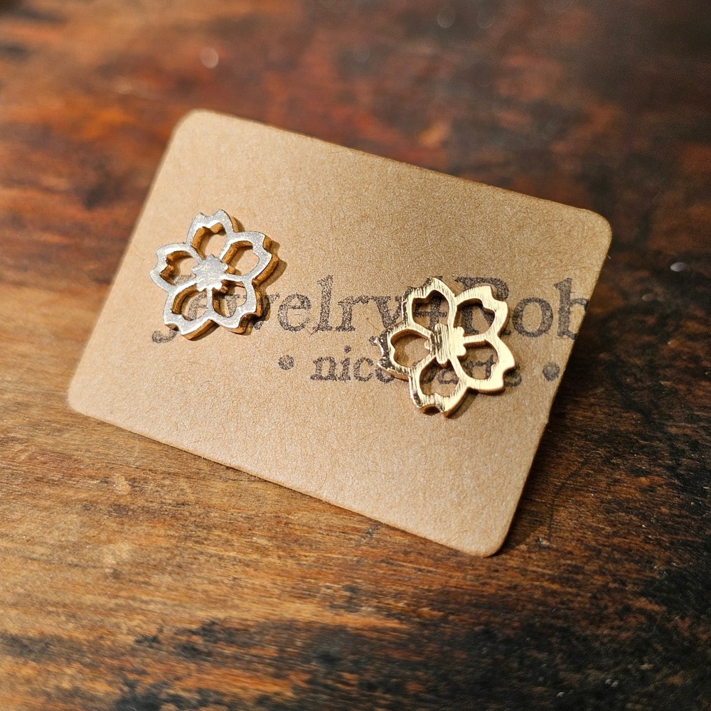 Gold Cherry Blossom Stud Earrings Womens OS  Floral Stainless Steel Studs
